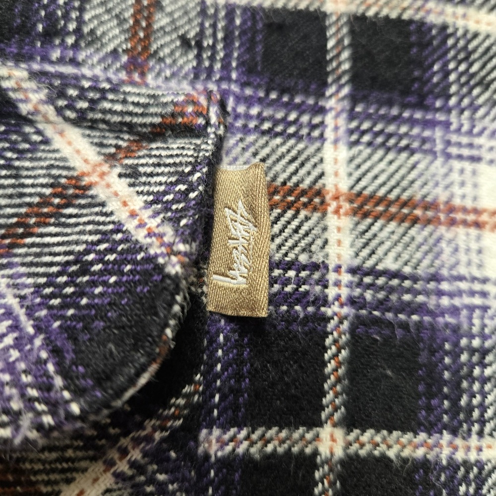 Stussy Vintage Mens Large Purple Black Plaid Flannel Button Down Long Sleeve 90s - Picture 6 of 13